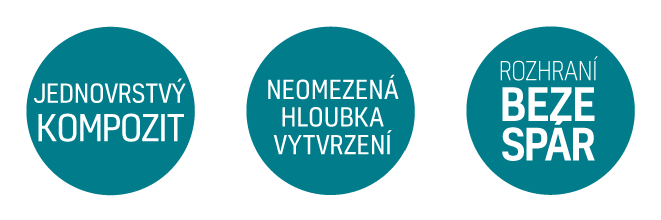 Stela - jednovrstvý kompozit, neomezená hloubka vytvrzení, rozhraní beze spár