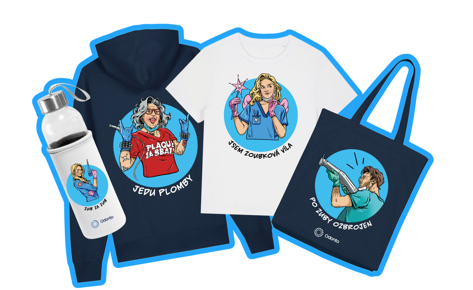 Odonto Merch Sortiment - Trička, mikiny, termolahve, tašky